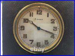 Vintage Travel Clock Wind Up Working Art Deco Maroon Brown Leather Effect 106 mm