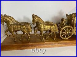 Vintage UNITED Gold Spelter 4 Horse Carriage/Coach Mantel Electric Clock`