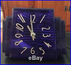 Vintage Waltham Cobalt Blue Glass Art Deco Electric Clock