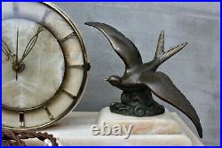 Vintage White Marble mantel clock with Bronze or Brass bird Art Deco clock table