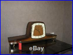 Vintage mantel wood clock CHIMING HERMLE Electro-Mechanical Battery art deco vtg