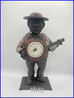 Vtg Cast Iron Banjo Player w Glass Eyes Clock Man Collectible Memorabilia, Rare