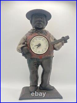 Vtg Cast Iron Banjo Player w Glass Eyes Clock Man Collectible Memorabilia, Rare