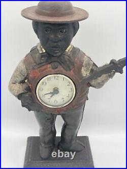 Vtg Cast Iron Banjo Player w Glass Eyes Clock Man Collectible Memorabilia, Rare