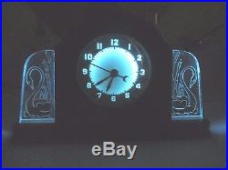 Vtg. Lackner Neon Glo Art Deco Bakelite Mantel Clock / Clear Lucite Side Swans