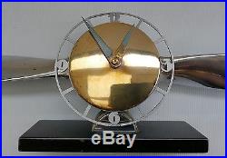 Vtg Original Art Deco 1930s Chrome & Brass Aeroplane Propellor Mantle Clock