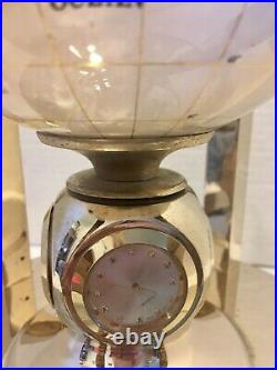 Vtg Pearl & Stone Rotating World Globe Clock semi Precious Gem Brass FREE SHIP