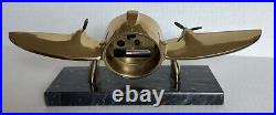 Vtg Sarsaparilla New York Brass Airplane Figural Desk Alarm Clock Marble Base