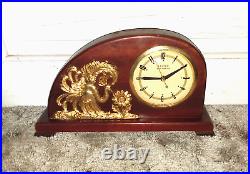 Vtg United Self Starting Walnut Mantel Clock Art Deco Brass Peacock RARE, 110 V