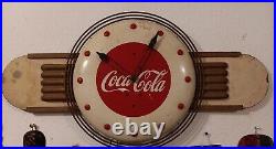 WORKING 1940s Art Deco Coca-Cola Promo Clock Sign tin masonite prop of coke NICE