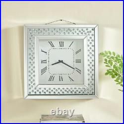 Wall Clock Mirrored Crystals Glass Silver Modern Square Roman Numerals Art Deco