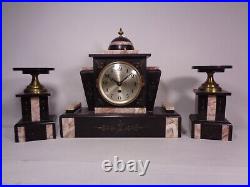 Wonderful Art Deco Pink & Black Mechanical Clock with Garniture Set
