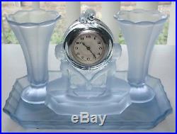 Working! Art Deco Walther Blue Frosted Depression Glass Clock & Vasesfree Tray
